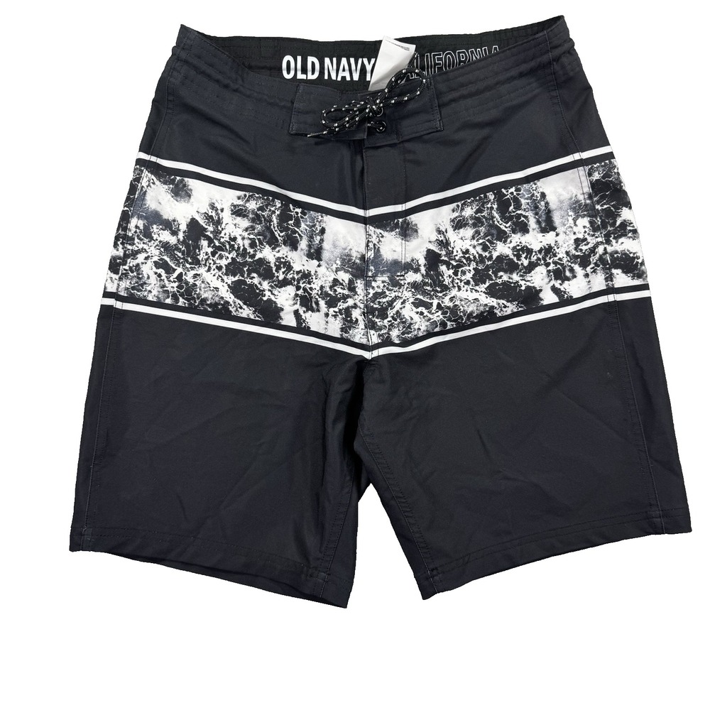 Old Navy Board Shorts Mens 30 Black White Graphic Wave Print Surf Swim‎ Trunks